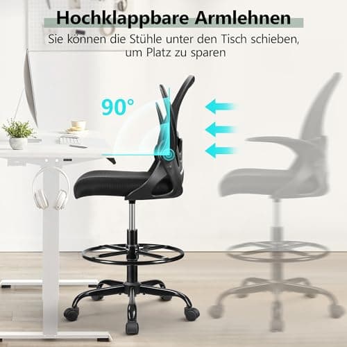 Primy Chaise de bureau ergonomique, réglable en hauteur, avec accoudoirs rabattables et support lombaire réglable avec anneau de repose-pieds, chaise familiale pivotante (noir)