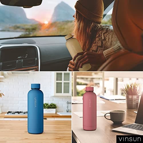 Vinsun Gourde Isotherme 500ml blanc crème - Bouteille d'eau Inox - Étanche, sans BPA, Reutilisable - Bouteille Thermo pour Sport, Randonnee, Velo, Voyage, École