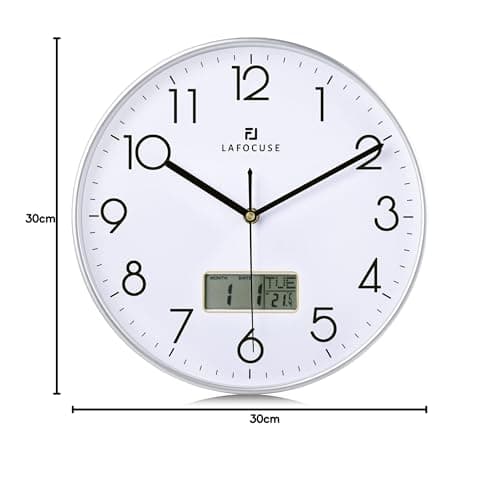Lafocuse Horloge Murale Calendrier LCD avec Date Thermomètre, Moderne Silencieuse Pendule Murale Argent, Quartz sans Tic-tac Déco pour Salon Chambre Bureau Cuisine 30cm