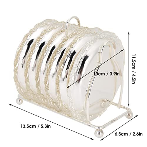 Tomotato 6 Pièces Dessous de Verre, 10cm sous-Verre Ronde en Métal Rétro de Style Européen avec Support, Tapis de Tasse Antidérapants pour Mariage, Dîners, Restaurant, Hôtel(Argent)