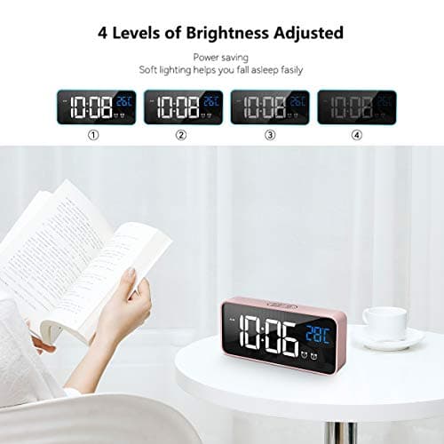 HOMVILLA Réveil Numérique avec Grand Affichage de la Température LED, Alarme de Miroir Portable avec Double Alarme Roupillon Temps Gradateur de Luminosité Réglable sur 4 Niveaux (Rose)