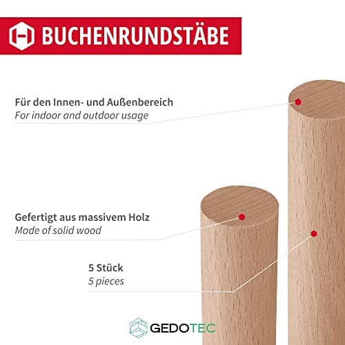 Gedotec Baguette Ronde en Hêtre Lisse | 6 x 1000 mm | 5 Pièces | Baguettes en bois de hêtre pour le bricolage | Baguette ronde en bois massif | Baguettes de bricolage pour les bâtons de construction