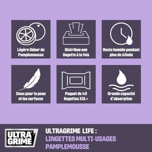 UltraGrime Multiusages Pamplemouse Lingettes XXL Sans Plastique - 40 Grandes Pour Toute La Famille - Nettoyage Multi-Usages Pour Le Sol