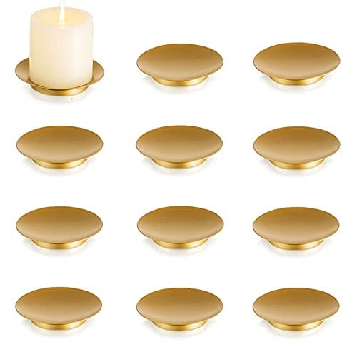 Inweder Bougeoir Support Bougie Chandelier - Lot de 12 Bougeoirs Ronds Doré de 11cm en Fer Supports pour Bougies Piliers, Chauffe-Plat et Votives Noël Halloween Décoration Intérieur