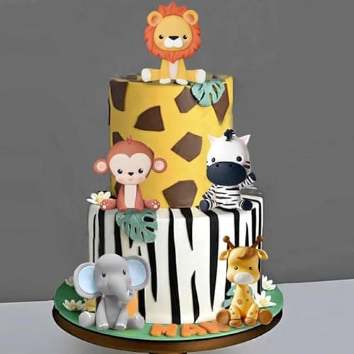Gâteau Topper Jungle, 5 Pièces Animaux Gâteau Décoration, Decor Gateau Animaux la forêt, Girafe,Lion,Singe,Éléphant,Zèbre pour Enfants Fête d'anniversaire Animaux de la Jungle Gâteau Décoration