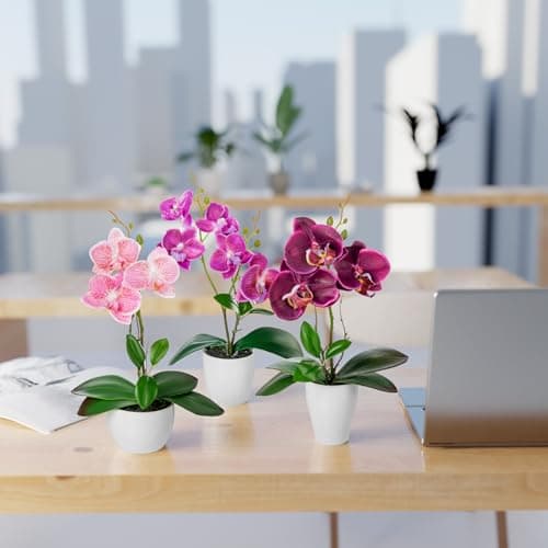 PASCH ® Fleurs artificielles en Pot (35 cm) Lot de 3 orchidées, Arrangement artificiellement coordonné dans des Pots en céramique Brillante, Fleurs décoratives orchidées artificielles (Violet-Rose)