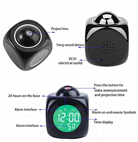 Kaishuai Reveil Réveil numérique Reveil projecteur,Fonction Snooze,Port de Charge USB,Noir Réveil à Projection Numérique