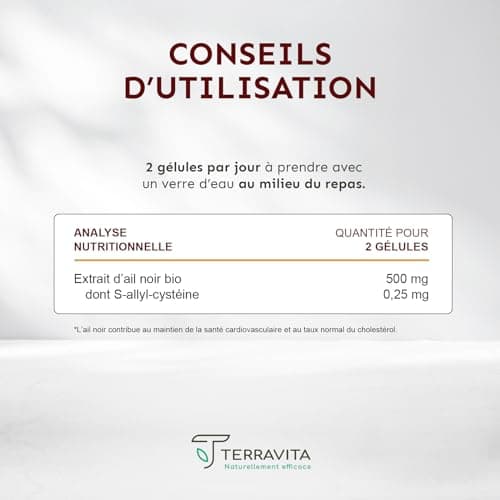 AIL NOIR Fermenté BIO | Extrait titré en S-Allyl-Cystéine | 250 mg par Gélule | Lutte contre les Lipides Sanguins - Santé Cardiaque - Circulation | 90 Gélules sans Goût | Made in France | Terravita