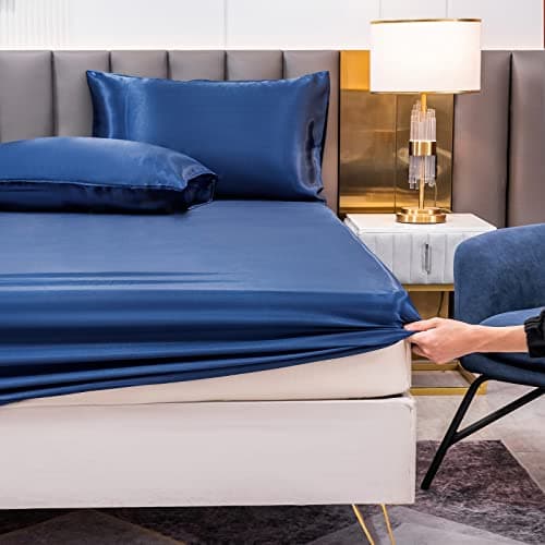 Drap Housse Satin 90x200 cm 1 Personne avec Grand Bonnet de 30 cm pour Matelas Épais - Drap-Housse Douce en Satin de Soie Polyester Couleur Unie, Bleu Marine