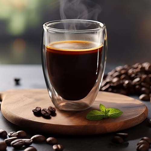 Joeyan Lot de 4 Tasse à Café Épais à Double Paroi, 350ml Verres à Expresso avec Cuillères en verre, Transparent Borosilicaté Isolation,Verres Thermiques à Effet Flottant,pour Latte,Bière,Lait,Thé