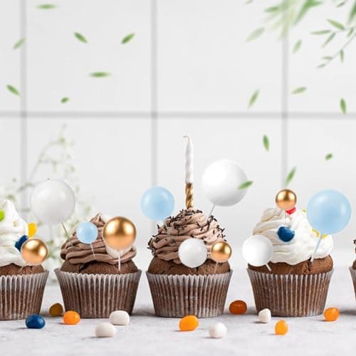 ZOOMPIL 108pcs Balle Gâteau Topper, Mini Topper de Gâteau de Ballon, Balle Gâteau Topper Bleu Blanc Doré, pour Décoration de Gâteau Dessert, Mariage Décoration
