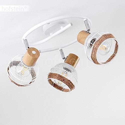 Plafonnier Bariloche en bois, raffia & métal blanc, 3 spots de plafond pivotants créant un effet lumineux au plafond par les abat-jours grillagés, pour 3 ampoules E27, ampoule(s) non incluse(s)