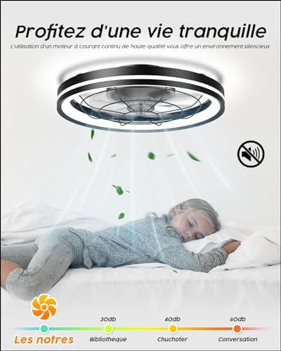 Airwit 48cm Ventilateur de Plafond Silencieux avec Lumiere et Telecommande, Moderne Rond Ventilateurs de Plafond avec Lampe Intégrée, Dimmable Ventilateur Plafond Chambre avec Reversible DC Moteur