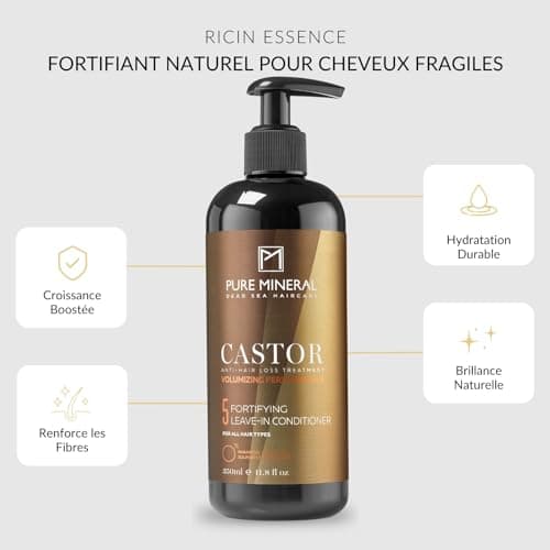 Pure Mineral - Conditionneur Sans Rinçage à l'Huile de Ricin - Fortifie et Hydrate - Cheveux Fragiles - Oméga-9 - Sans sulfates, parabènes, petrolates - 350ml