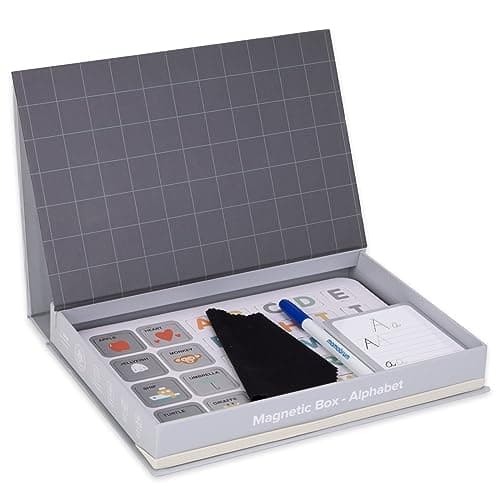 mamabrum, Puzzle magnétique - Alphabet - Apprentissage de l'écriture, 1 boîte magnétique, marqueur effaçable, Tissu, 26 Cartes, 78 Carreaux magnétiques, pour Enfants Lettres et Chiffres magnétiques