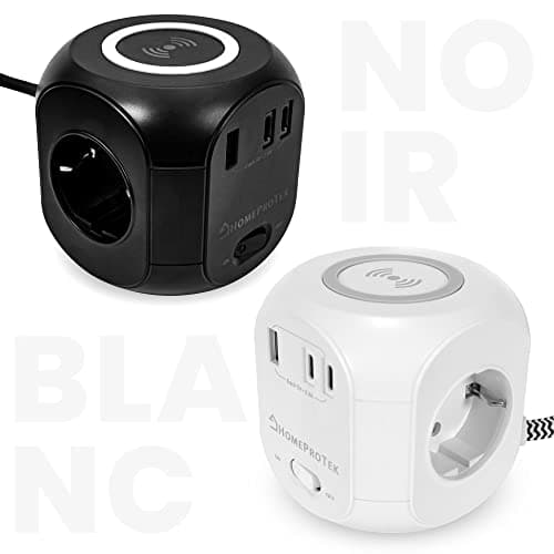 HOMEPROTEK Multiprise Cube - Chargeur Sans fil, Rallonge Multiprise USB avec 3 Prises, 1 USB-A, 2 Type C et Bloc de Charge, Station de Charge Multiple avec Interrupteur pour Domicile et Bureau (Blanc)