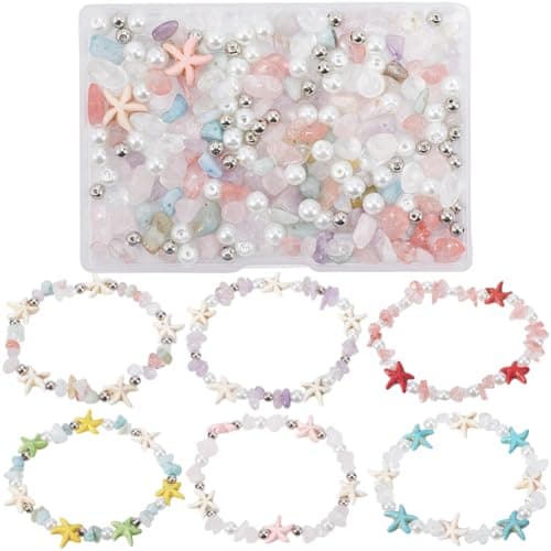 SUNNYCLUE 1 boîte de Bricolage 6 ensembles de Bracelets de Perles D'Océan, Perles D'Animaux de Mer, Perles D'Étoile de Mer Colorées, Améthyste, Quartz Rose, Amazonite, Turquoise, Pierres Précieuses D'