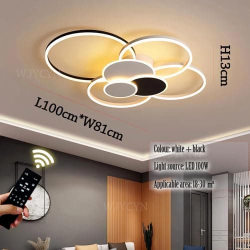 WJYCYN Dimmable Grand salon lampe LED 7Ring Blanc & Noir Plafonnier chambre à coucher modernes avec télécommandes Eclairage de plafond Métal Acrylique Plafonnier Bureau Salle à manger 7 flammes 100W