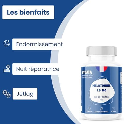 Melatonine 1,9 mg | 365 comprimés | Action rapide | Sommeil adulte | Complément alimentaire | Sans accoutumance | Endormissement rapide, Nuit réparatrice | Hautement dosé | Fabriqué en France