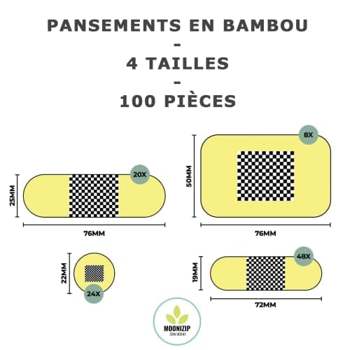 Pansements Hypoallergéniques en Bambou - Enfants ou Adultes - Sans Latex, sans Plastique - Peaux sensibles ou normales - 100% Biodégradables - 100 pièces - 4 tailles