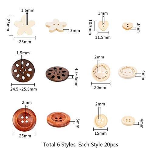 PH PandaHall 120pcs 6 Styles Boutons en Bois, Bouton Fait Main à Coudre Fleur/Rond/Coeur pour les Fournitures d'artisanat