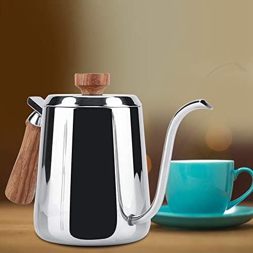 Théière Col de Cygne Bouilloire à Café en Acier Inoxydable Cafetière Goutte à Goutte Tasse de Café D'égouttement de La Bouteille de Poignée en Bois(350ML)