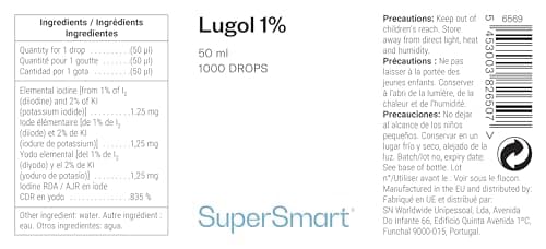 Lugol 1% - Iode en Gouttes - Nettoie Plaies et Brûlures - Solution iodo-iodurée - Diiode 1% - Iodure de Potassium 2% - Contribue au Fonctionnement Normal de la Thyroïde - 1000 gouttes - Supersmart