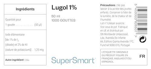 Lugol 1% - Iode en Gouttes - Nettoie Plaies et Brûlures - Solution iodo-iodurée - Diiode 1% - Iodure de Potassium 2% - Contribue au Fonctionnement Normal de la Thyroïde - 1000 gouttes - Supersmart