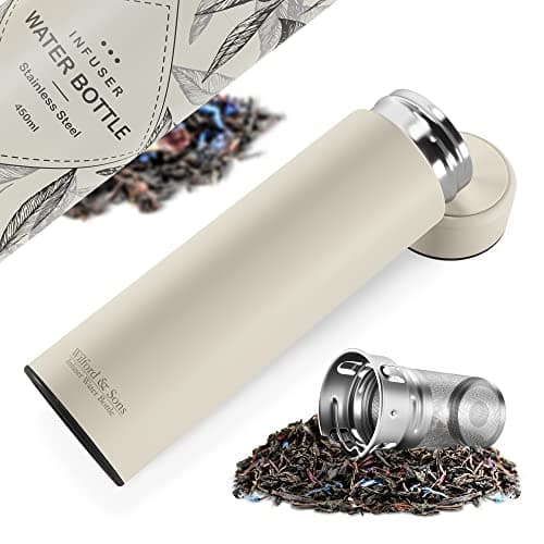 Bouteille d’eau isotherme à infusion thé & fruits + infuseur à fruit + passoire thé sans BPA | Thermos 450ml en acier inoxydable isolé sous vide | Gourde bureau extérieur école voyage sport
