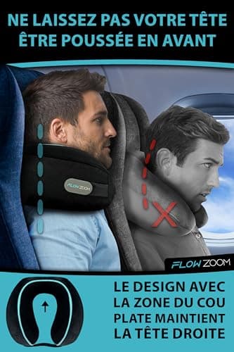FLOWZOOM Dream Coussin de Voyage en Mousse à Mémoire pour Avion et Voiture – Oreiller de Voyage avec Côtés Rehaussés pour Un Meilleur Soutien, Housse Lavable et Pochette de Transport – Noir
