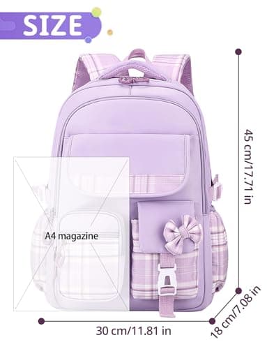 Adigau Sac à Dos Kawaii pour L'école Multipoches Grande Capacité Sacs à Livres Réglable Imperméable Étudiant Cartable Violet