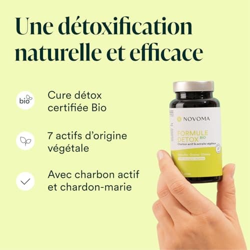 NOVOMA Formule Détox Bio, Purification Foie & Digestion, Avec Charbon Actif, Chardon-Marie, Chlorella & Gingembre, Cure de 1 Mois, 90 Gélules, Végan, Fabriqué en France