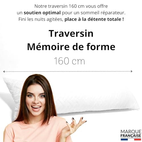 Traversin 160 cm à Mémoire de Forme Premium Extra Ferme pour Dormir sur Le côté (Apnée du Sommeil, Prothèse, Grossesse, Douleurs Lombaires) Pelochon Très Ferme Dur Lit Adulte XXL/Double/Simple/Canapé
