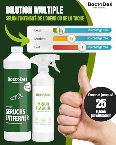 BactoDes - Desodorisant Maison 1L concentré avec Vaporisateur mélangeur - Nettoyant enzymatique Universel avec Action microbienne Bio - Élimination Efficace de Toutes Les Odeur Maison