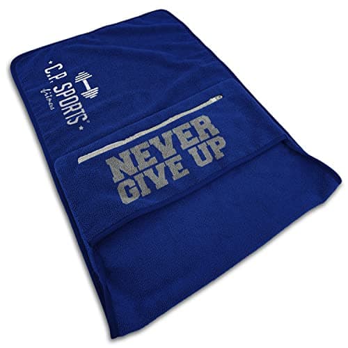 C.P. SPORTS Serviette de Fitness en Microfibre | Fixation + Sac avec Fermeture éclair | Gym Training Sport | Extra Doux, Lavable, Longue et Grande | pour Homme et Femme | Couleur Bleu foncé