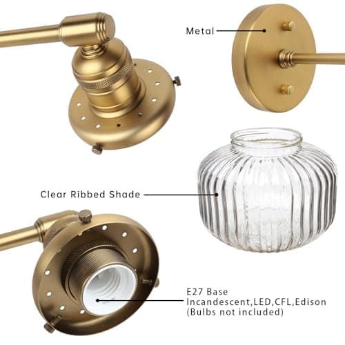 Pathson Industriel 2-Lumières Applique Murale E27 Luminaires Intérieur Abat-jour en Verre Côtelé Ø16CM Lampe Murale pour Salon,Cuisine, Salle de bain,Miroir (Antique)