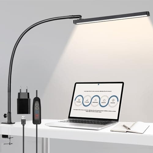 Lampe de Bureau LED, BIENSER 14W Lampe de Table Architecte Flexible avec Pince, 10 Niveaux de Luminosité X 5 Modes de Couleur, Lampe de table Réglable, Protection des Yeux, 5V/2A CE Adaptateur Incluse