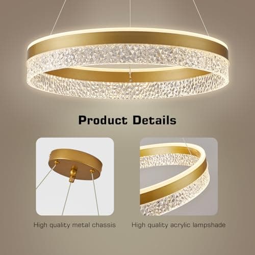 KSIBNW Suspension Luminaire Lustre Salon Dimmables, 36W Moderne LED Lustre Chambre Ajustable Rond Ø50cm Or Lampe à Suspension Anneaux Lustre Suspension en Métal Acrylique, 3000K/4000K/6000K