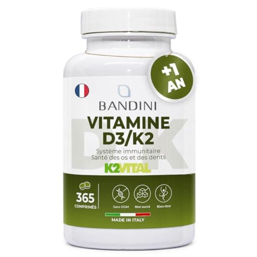 Bandini® Vitamine D3 K2 (MK7) Extra Fort 365 Comprimés (1 An) | 2000 UI Cholécalciférol + 200 mcg Ménaquinone| Pour les Os, les Muscles, le Système Immunitaire, les Dents | Vitamines D3 + K2 MK-7