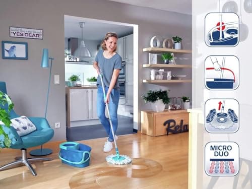 Leifheit Clean Twist Disc Mop Ergo Kit complet balai, serpillière et seau essoreur, ensemble balai serpillère en microfibre avec manche télescopique, essorage sans effort