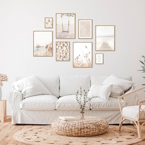 ARTFAVES® - Lot d'affiches - PLAGE DE RÊVE - Décoration murale 8 affiches modernes Plage, beige, mer, herbes de la pampa, coquillages - cadres noirs