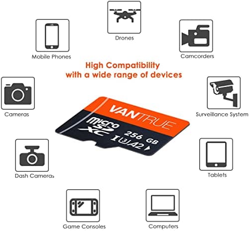 Vantrue 256 Go Carte mémoire microSDXC UHS-I U3 4K avec Adaptateur Compatible avec Dashcam, Smartphone, Tablette, caméra d'action et caméra de Surveillance (256Go)