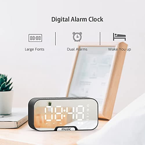 Funien Réveil, Réveil de Surface de Miroir numérique avec Haut-Parleur BT et Radio FM et Affichage de la température Double alarmes Horloge de Bureau électronique Lecteur