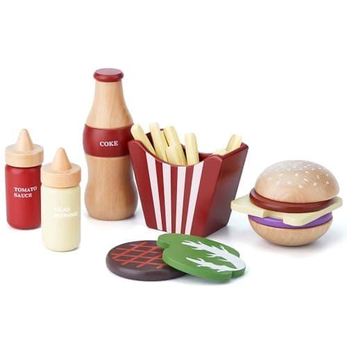 Aliments de jeu en bois pour enfants - Hamburger - Accessoires de cuisine pour tout-petits - Cadeau pour garçons et filles - Jouets éducatifs