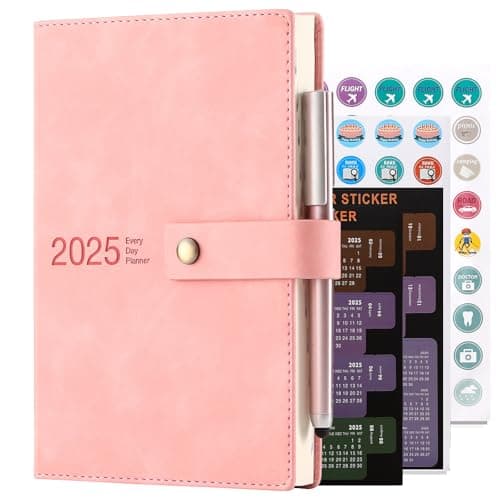 Agenda académique journalier 2025 de janvier 2025 à décembre 2025 avec couverture rigide et stylo, marque-page, onglets mensuels, autocollants et poche intérieure (rose) Format A5
