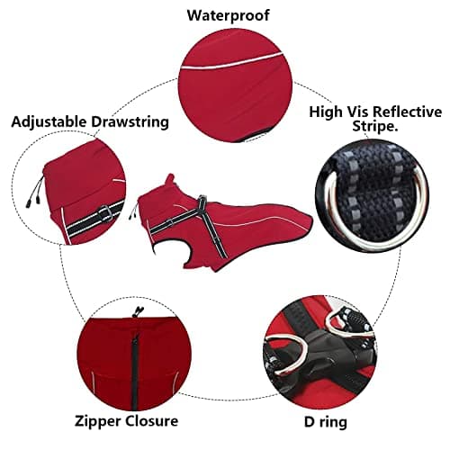 Morezi Veste imperméable pour Chien,col Montant,bandoulière et Ceinture réfléchissante,adaptée aux Chiens de Taille Moyenne et Grande-Rouge-XS