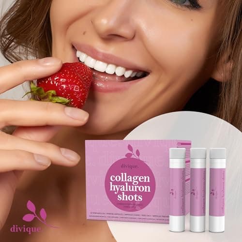 Divique collagène liquide avec acide hyaluronique (30 ampoules) - 4 000 mg de collagène + 100 mg d'acide hyaluronique - avec vitamine C, biotine, zinc, cuivre, sélénium - goût fraise
