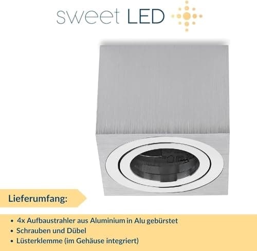 Sweet Led Set de 4 spots de plafond LED plats 50 mm Spot en aluminium brossé carré Spots LED à poser orientables 80 x 80 mm Plafonnier 230Volt