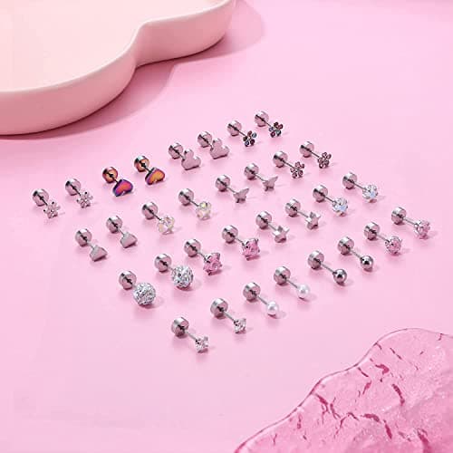 Diamday 16 Paires Boucles d'Oreilles à Vis pour Filles Femmes Acier Inoxydable Petit Cartilage Boucles d'Oreilles CZ Cœur Fleur Étoile Vis Dos Plat Boucles d'Oreilles Tragus Helix Bijoux Multicolore B