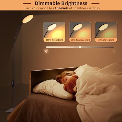 Mojimdo Lampadaire, [3 couleurs & 10 luminosités] Liseuse LED fine sur pied, Lampadaire flexible réglable par variateur pour chambre d'enfant, bureau, salon, coin lampe de chevet